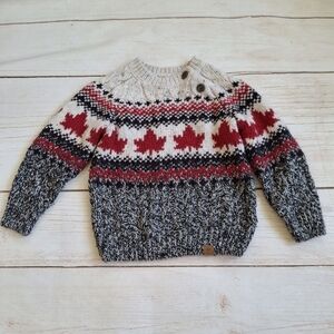 Canadiana 2T Grey And Red Cable Knit Sweater With Maple Leaf Design